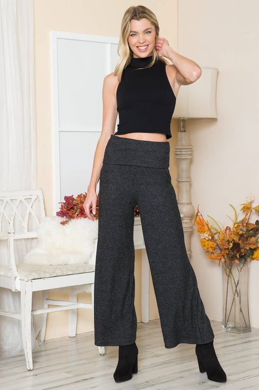 Charcoal Rib Brush Wide Leg Pants with Pockets