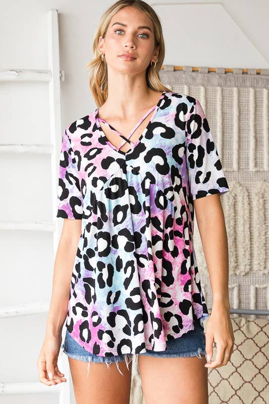 HEIMISH CRISSCROSS NECK MULTI COLOR ANIMAL TOP