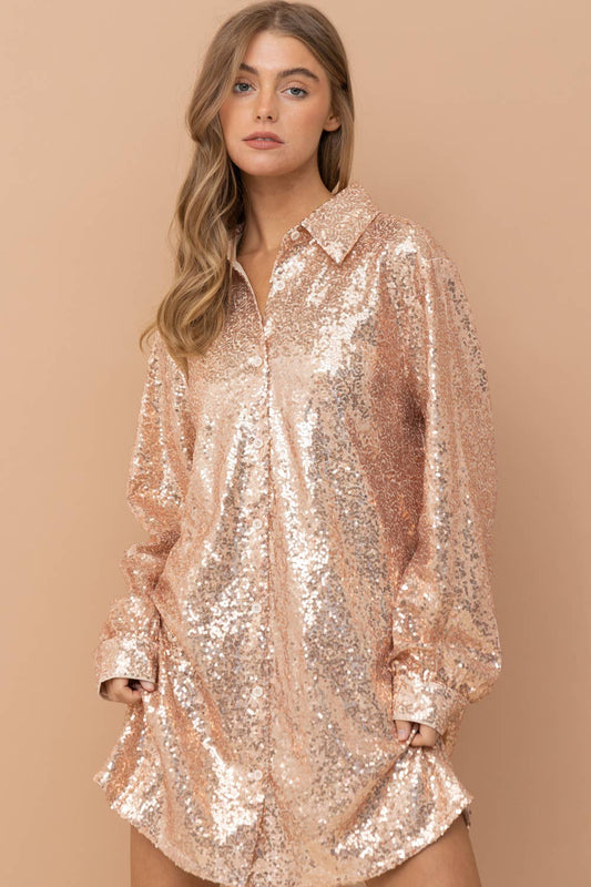 Sequin Button Up Mini Sparkle Shirt Dress