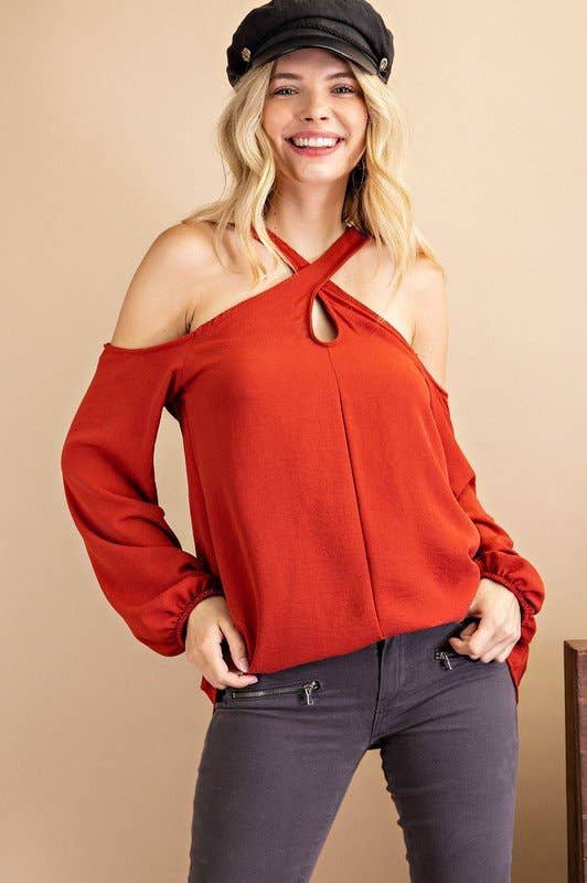 OLIVE CRISS CROSS COLD SHOULDER TOP