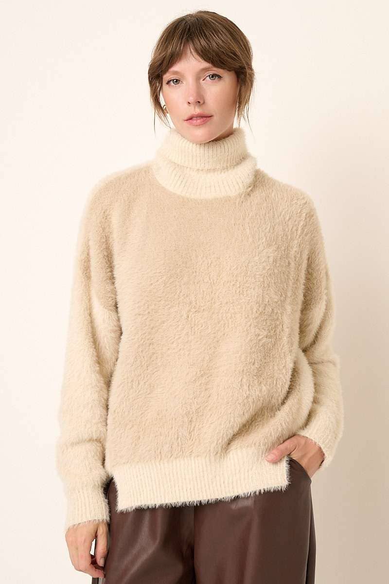 mittoshop - FUZZY TURTLENECK COLOR BLOCK SWEATER: M / TAUPE