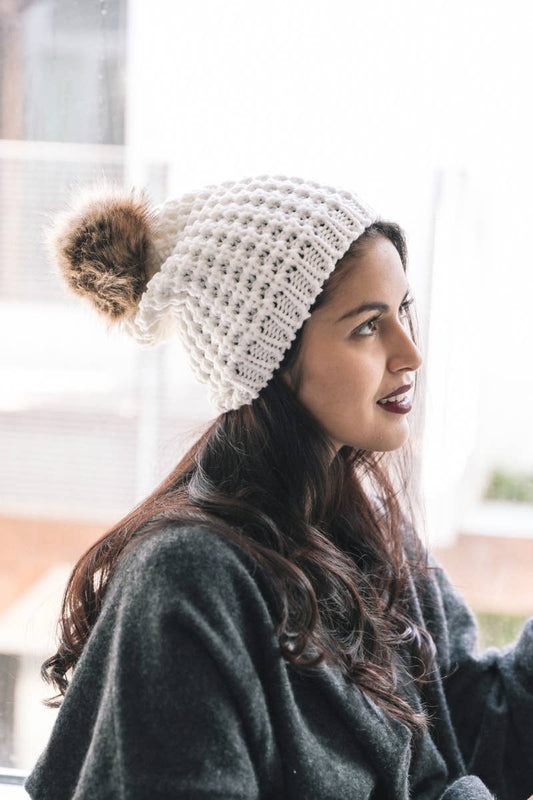 Ivory Textured Beanie With Pom Pom