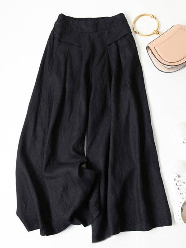 Solid Color Ramie Cotton  Loose Wide-Leg Pant Black