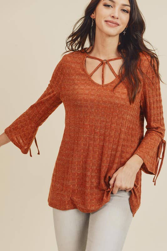 Rust O-ring Detail Tunic With Ruffle Bell Sleeve