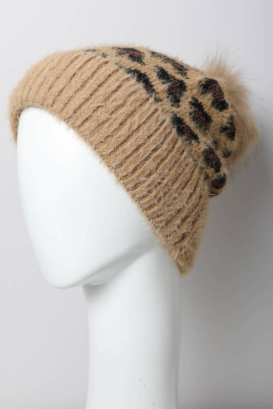 Camel Leopard Knit Beanie