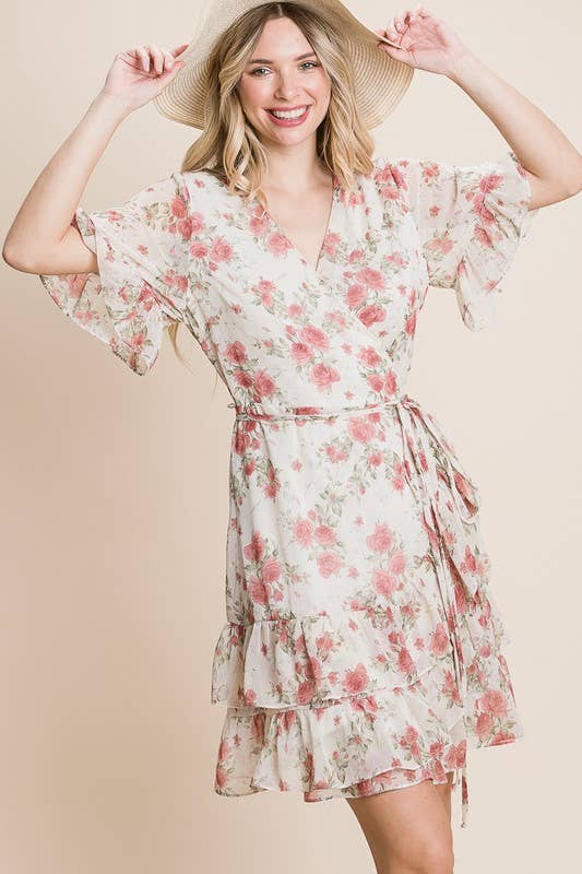 Pink Floral Wrap Chiffon Dress