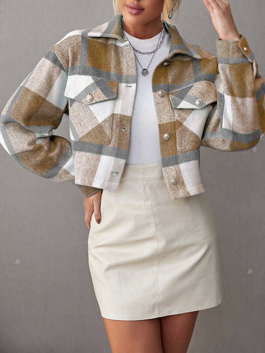 Cropped Plaid Jacket-Brown