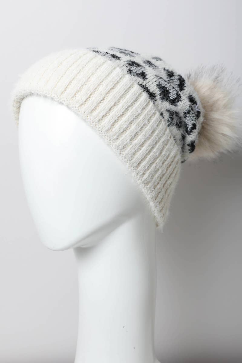 Leopard Knit Beanie IVORY