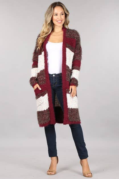 Burgandy Eyelash Stripe Cardigan Sweater