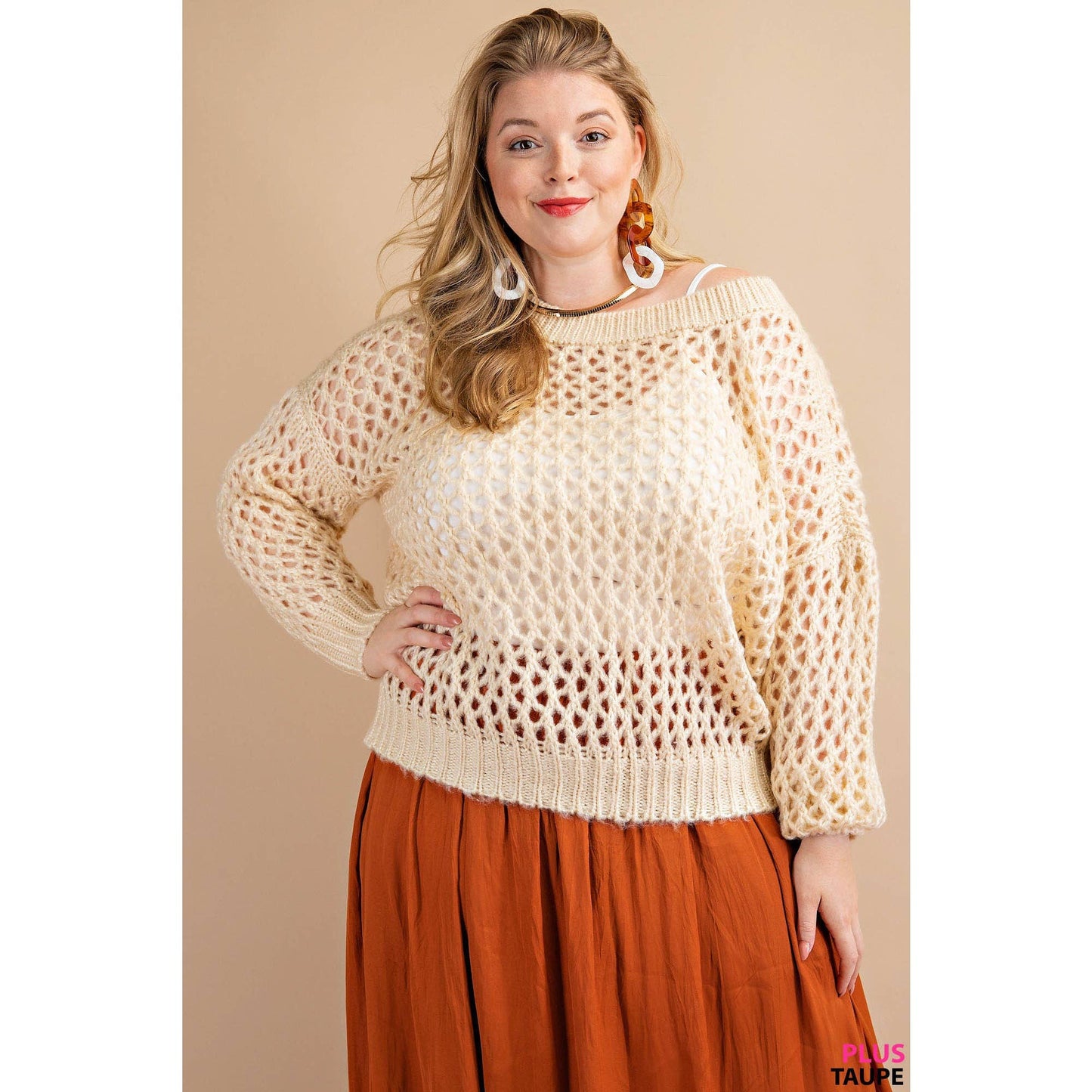 Plus Soft Open-Knit Pullover Sweater Taupe