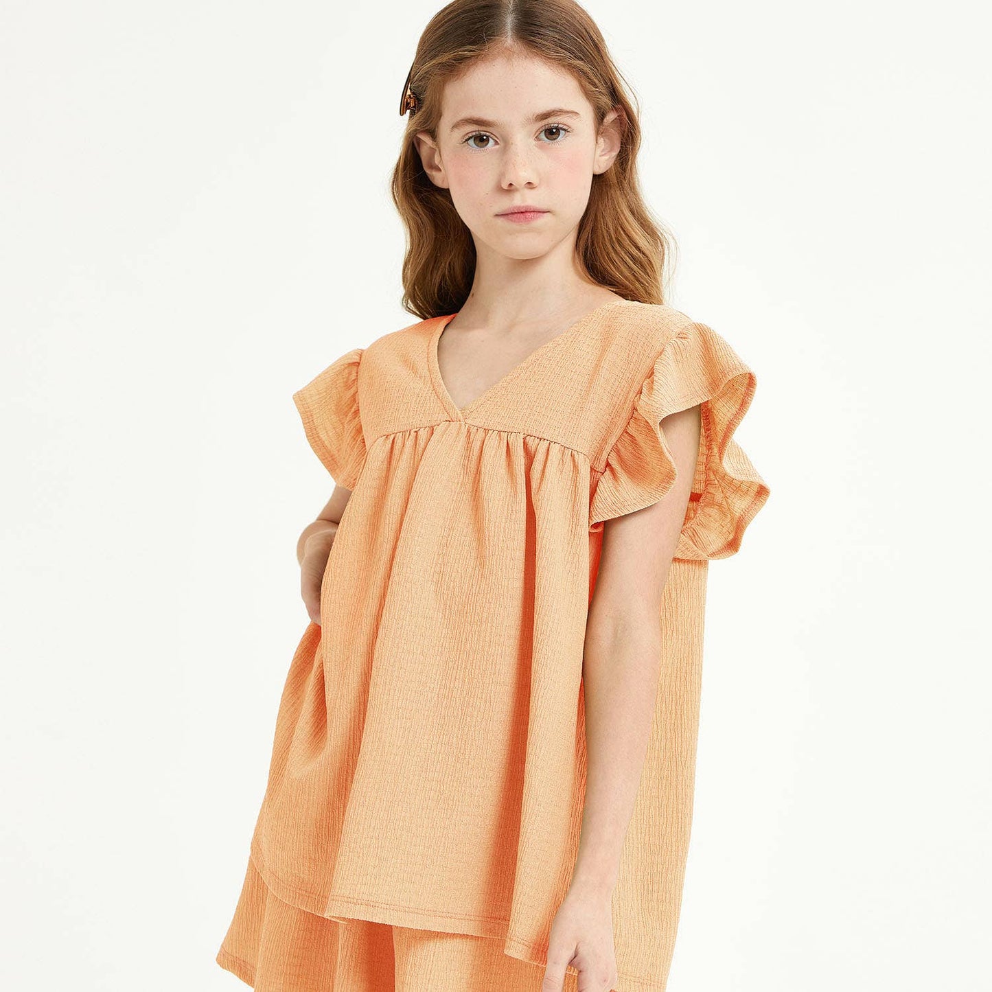 V-Neck Ruffle Sleeves Crinkled Top USA MADE