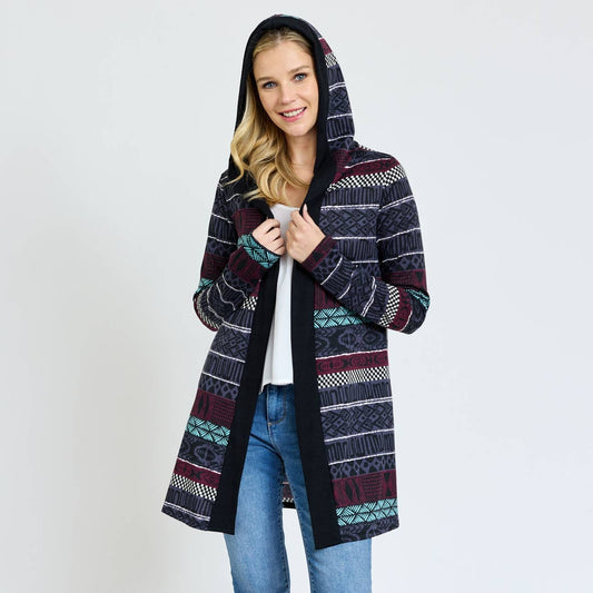 Plus Long Tribal Print Hooded Cardigan