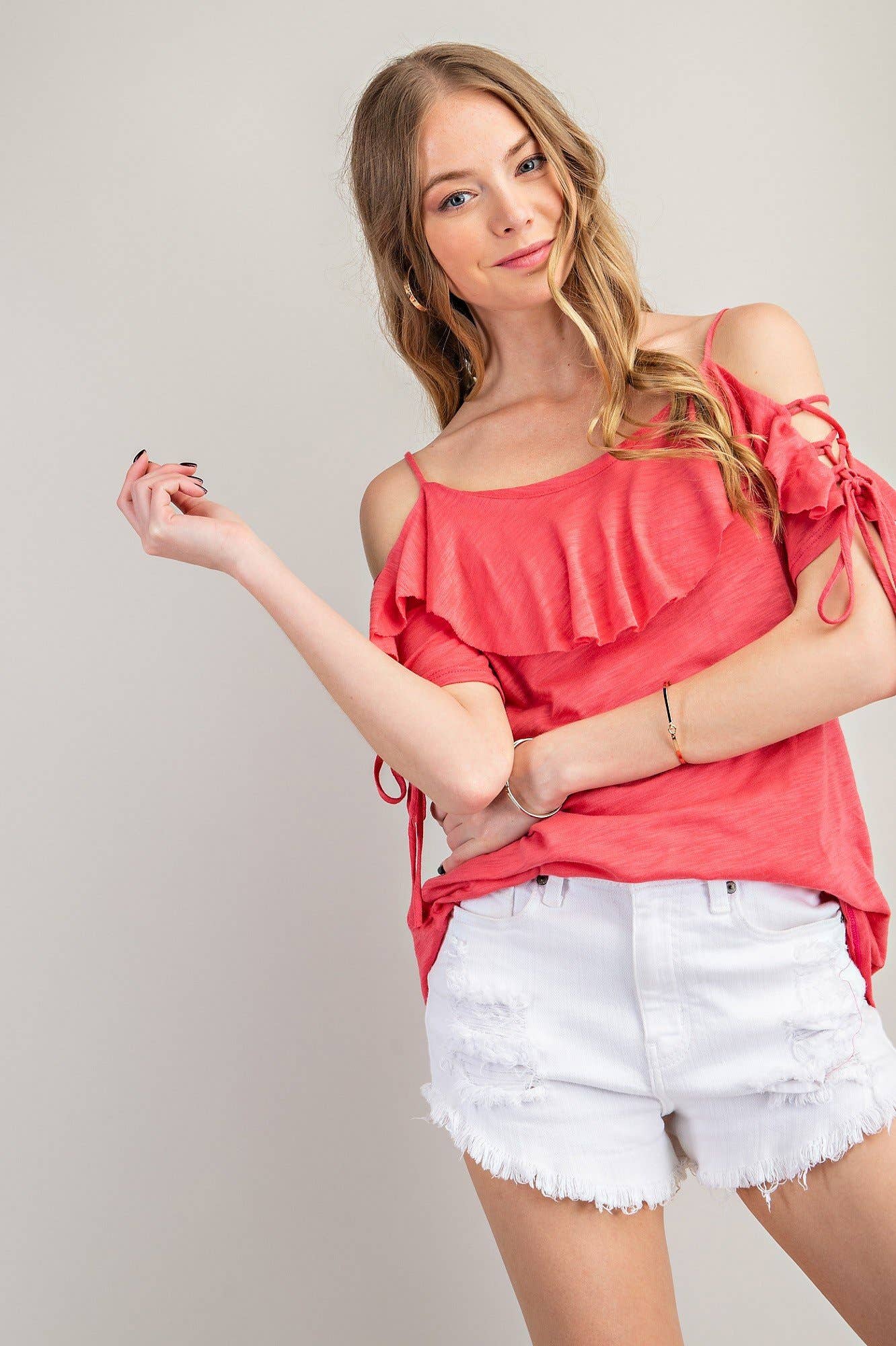 COTTON MODAL KNIT COLD SHOULDER TOP