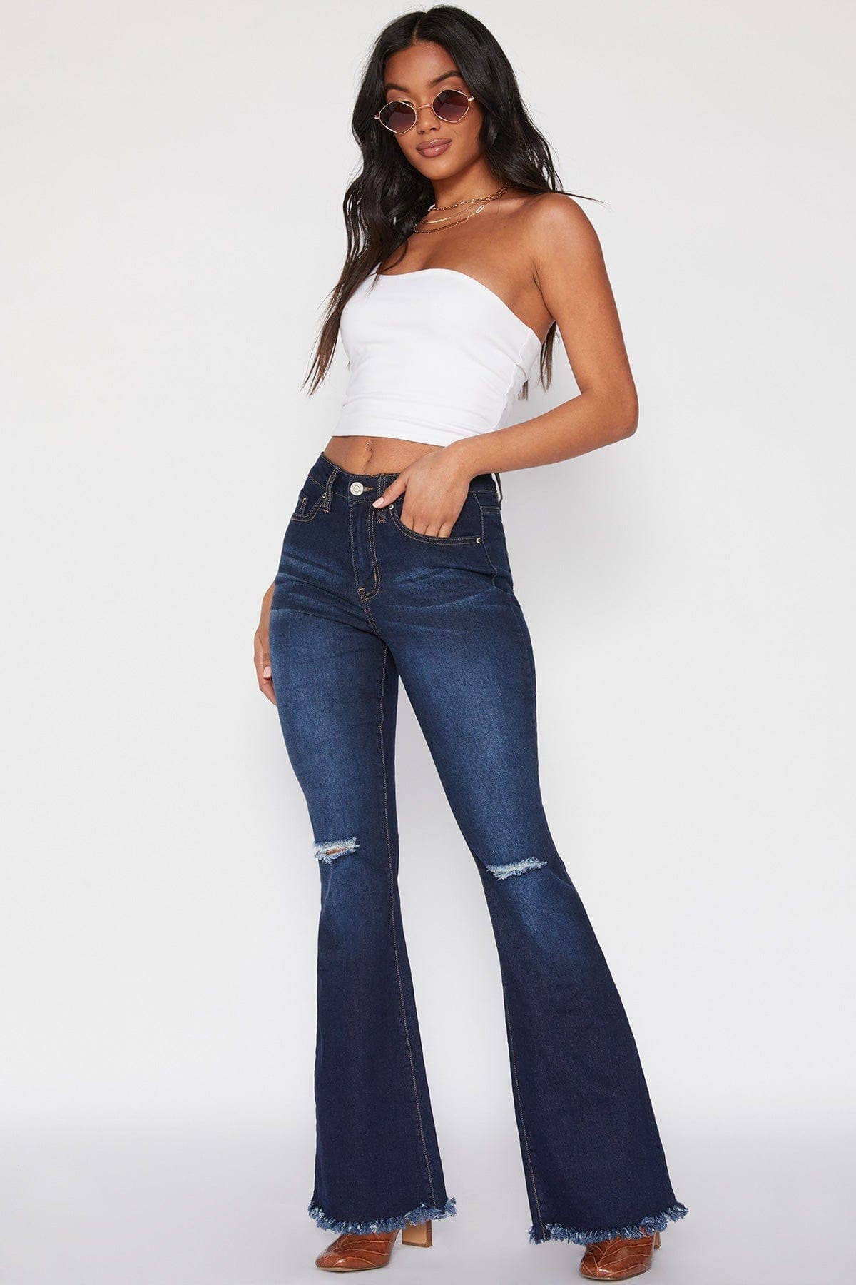 YMI - Junior High-Rise Flare Jean With Frayed Hem - Long Inseam