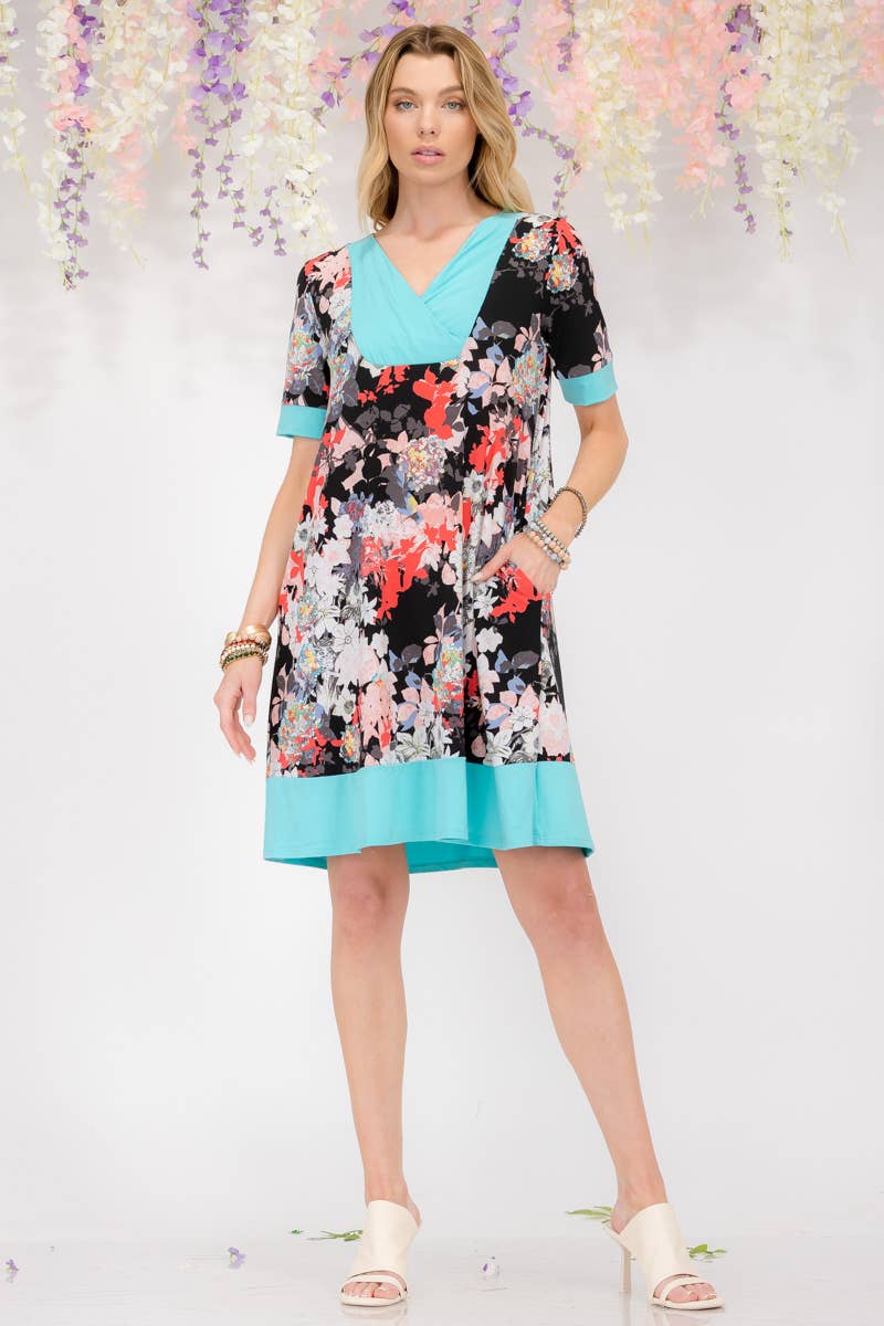 SURPLICE NECK BLACK FLORAL DRESS