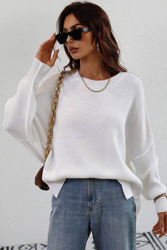 WHITE LOOSE FIT DOLMAN SLEEVE KNIT SWEATER