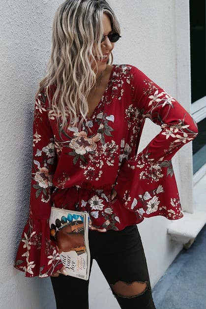 Floral Print Flare Sleeve Peplum Blouse