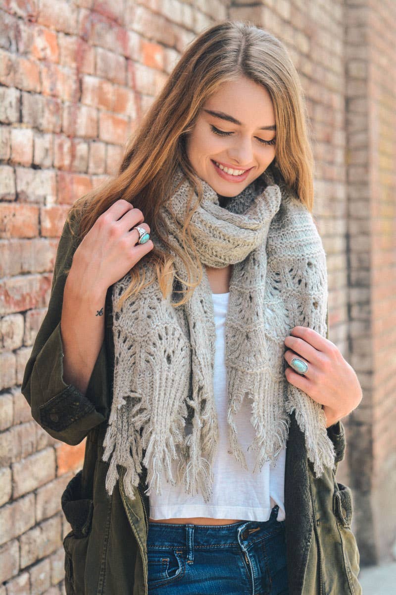 Feather Knit Boho Scarf OATMEAL