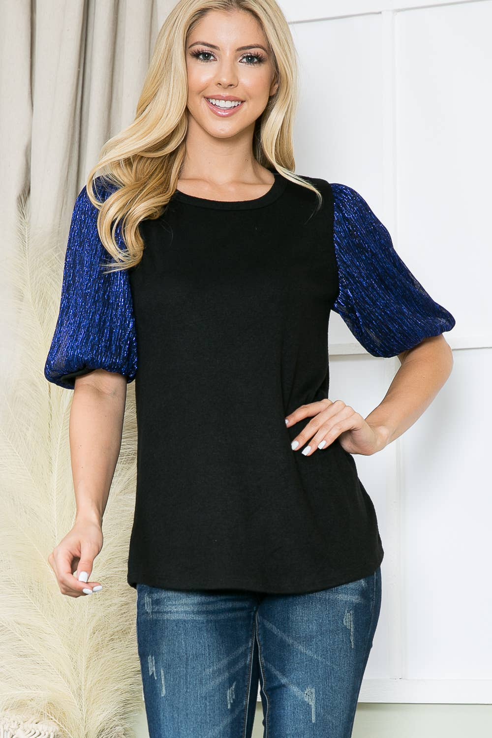 Embossed Mesh Sleeve Knit Top