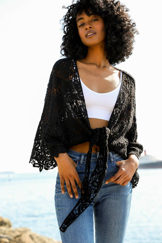 BLACK Crochet Floral Petal Kimono Wrap