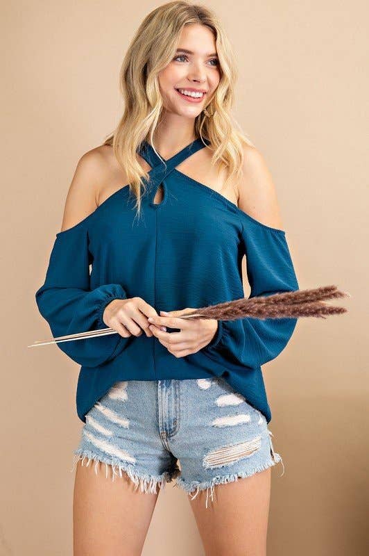 CRISS CROSS COLD SHOULDER TOP TEAL