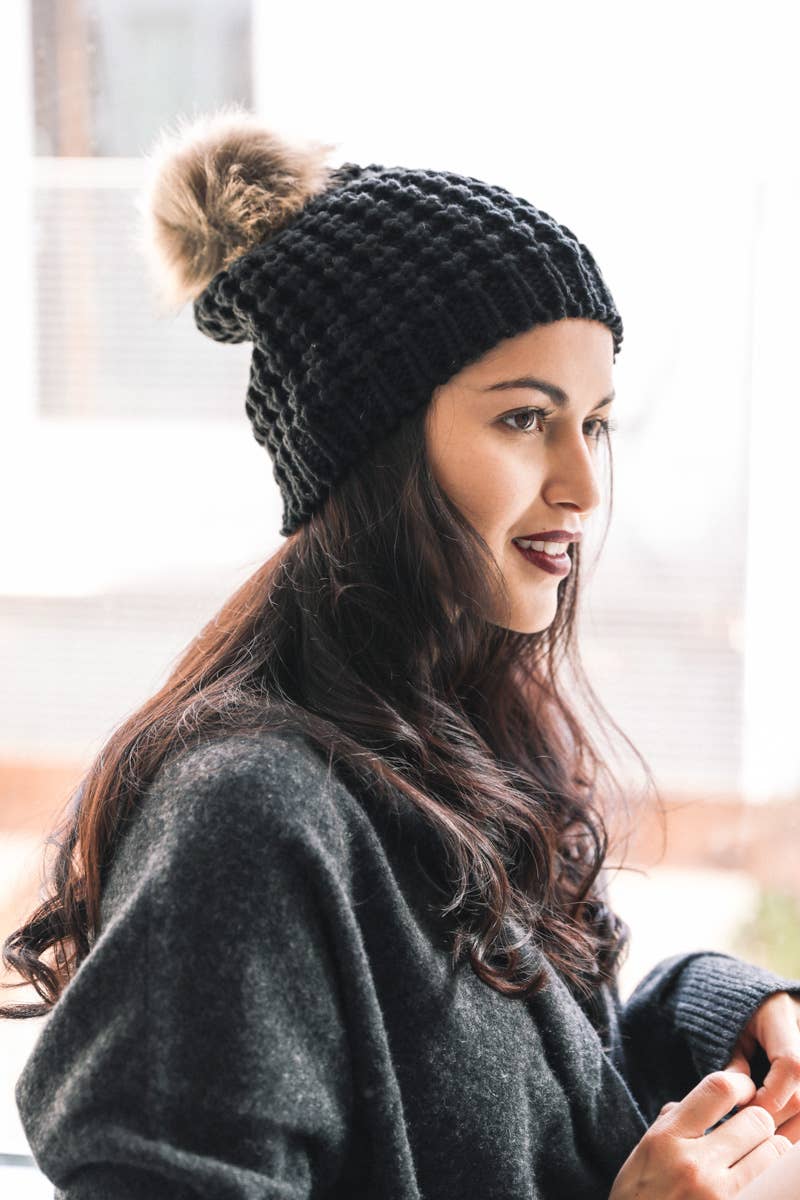 BLACK Textured Beanie With Pom Pom