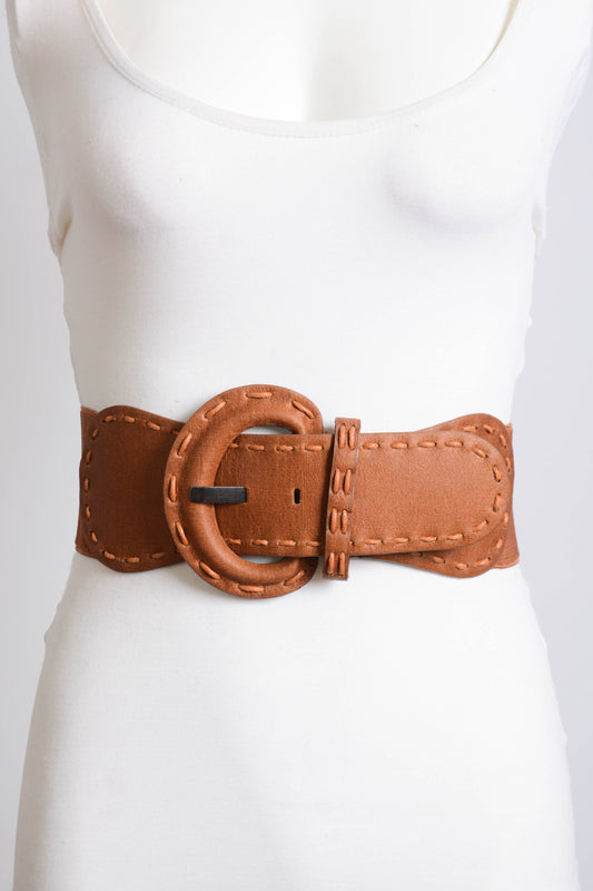 Distressed Look Wide Stitch Belt Camel