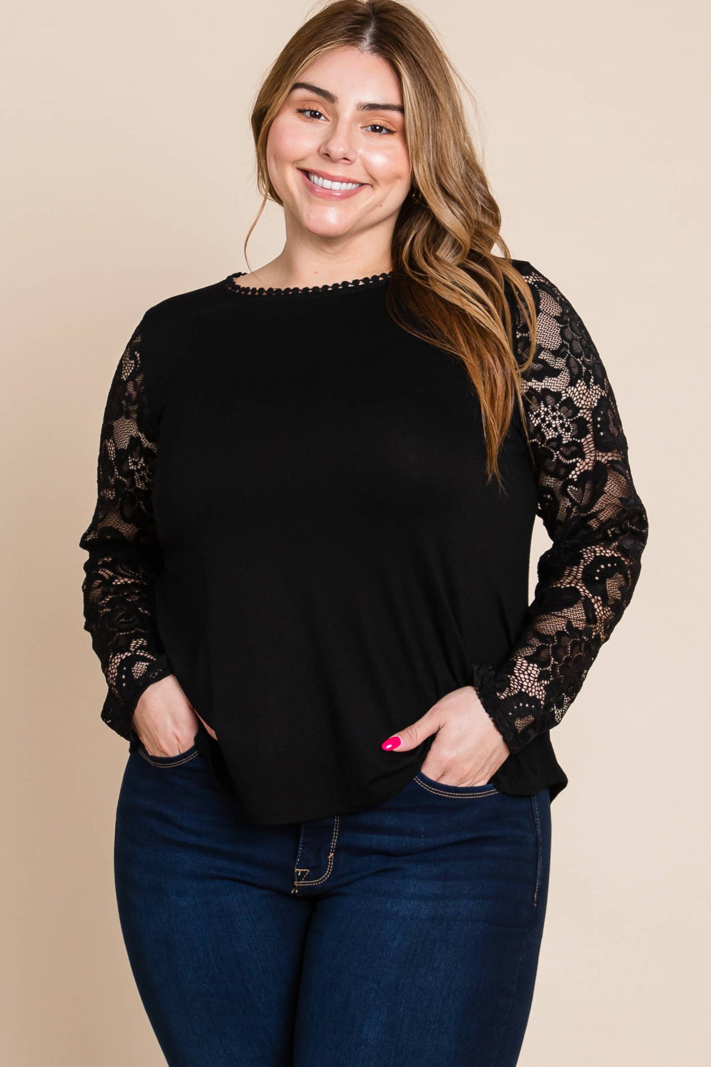 BLACK Plus Size Lace Mesh Sleeves Top